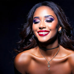 Sarah is wearing the Limited Edition Numbered Third Generation Legacy Ankh in Silver Tone. She wear Lilith Lateral 3D Printed Fangs by Sabretooth Fangs